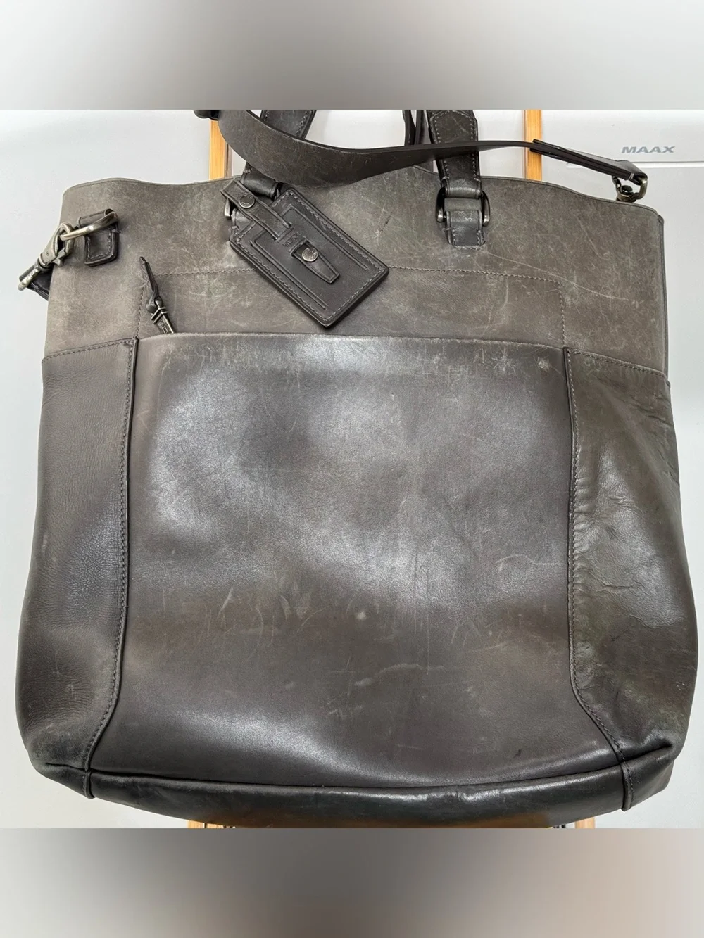 Huge Tumi Gray Leather Cross-body Tote Bag with Adjustable Strap
